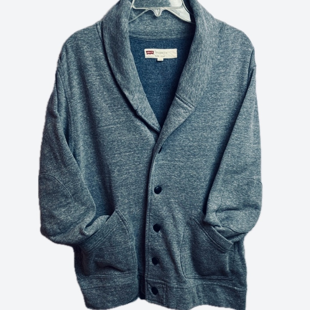 Levi's Charcoal Gray Blue Collar Men’s Cardigan Sweatshirt with Elbow Patches